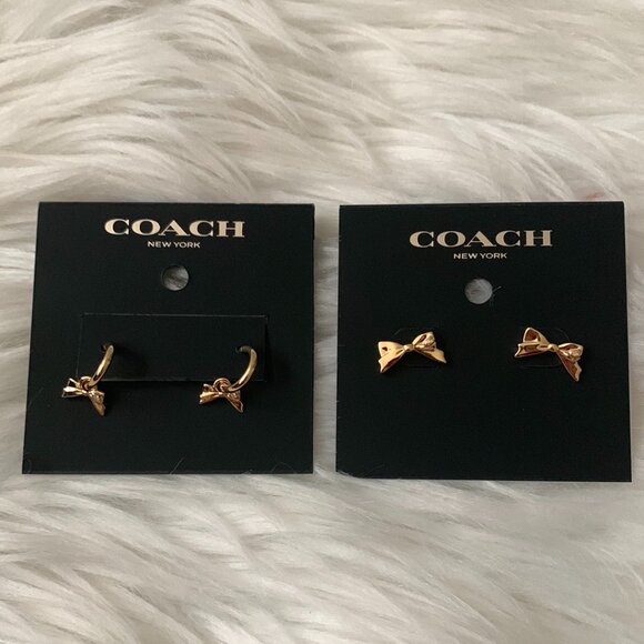 COACH Mini Bow Stud & Huggie Earrings SET in Gold - Picture 1 of 5